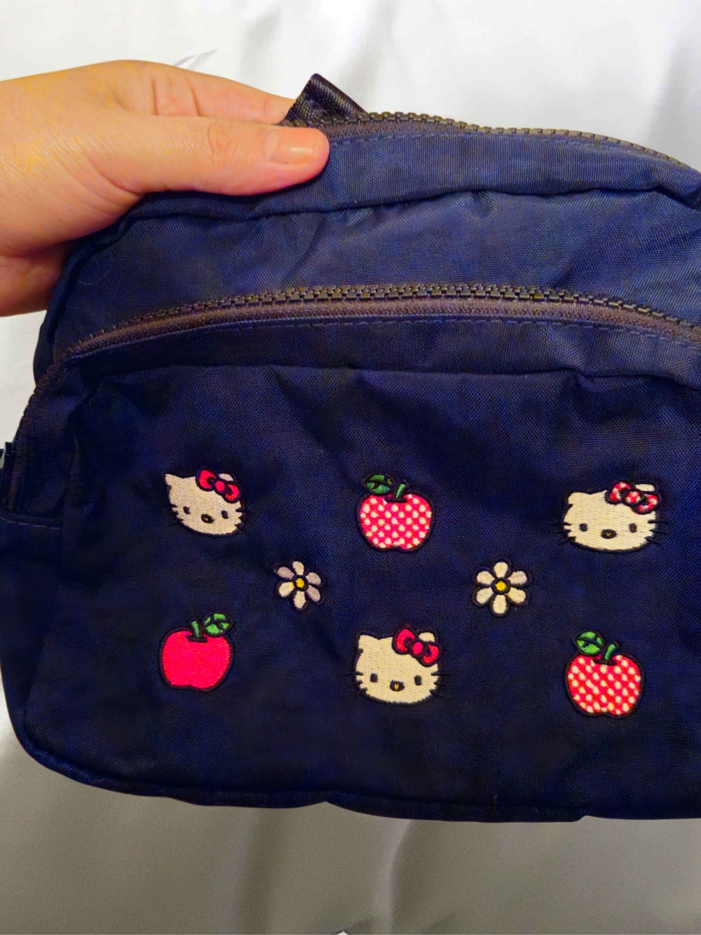 Hello Kitty x Baggu Navy Pouch with Red Apples & Pink Bows